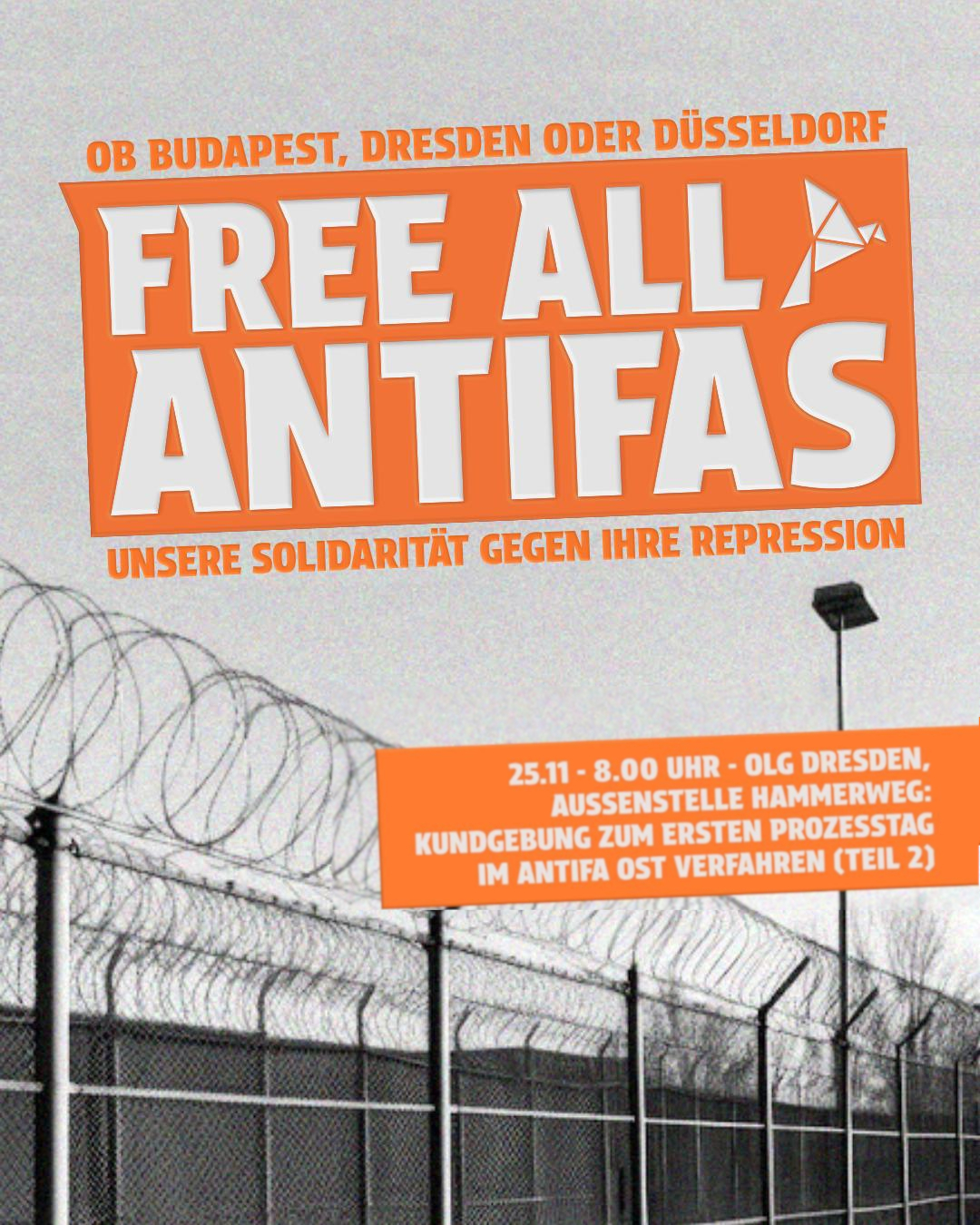 Background in black and white - a high prison fence with barbed wire letters in frint in orange Free All Antifas
